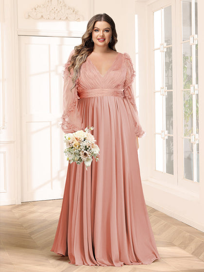 Robe de Demoiselle d'Honneur Grande Taille En Mousseline de Soie à Manches Longues et Col En V Coupe A-Line/Princess