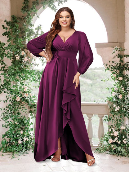 Robe de Demoiselle d'Honneur Grande Taille Asymétrique En Mousseline de Soie Froncée à Col En V et Manches Longues avec Poches