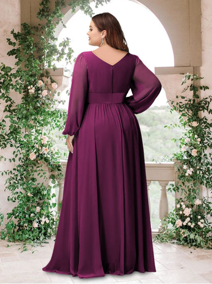 Robe de Demoiselle d'Honneur Grande Taille Asymétrique En Mousseline de Soie Froncée à Col En V et Manches Longues avec Poches