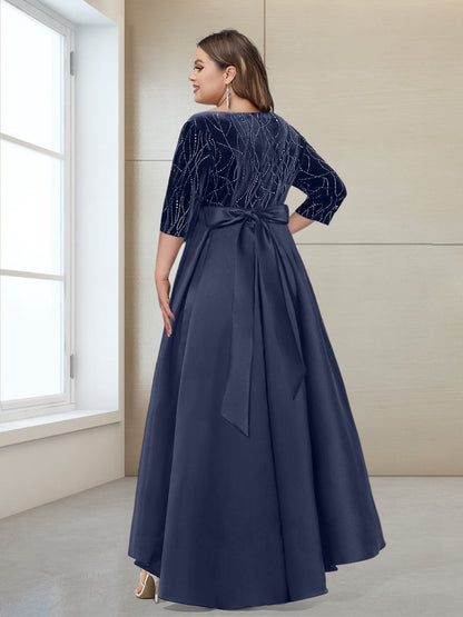 Robe de Mère de la Mariée Grande Taille Coupe A-Line/Princess Col En V Manches 3/4 avec Perles