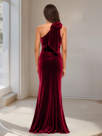 Robe de Soirée Longue En Velours à Une Épaule Style Trompette/Sirène avec Fente Sur Le Côté