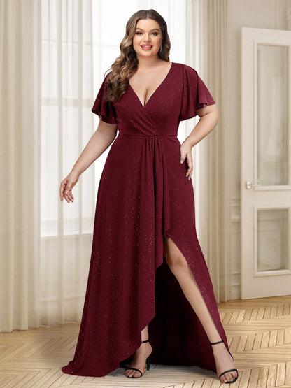 Robe de Soirée Grande Taille Coupe A-Line/Princesse Col En V Longueur Au Sol avec Fente Sur Le Côté