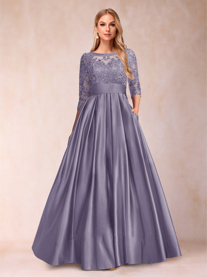 Robe de Mère de la Mariée Coupe A-Line/Princess Longueur Au Sol Manches 3/4 Décolleté En V