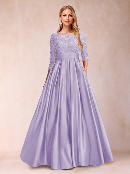 Robe de Mère de la Mariée Coupe A-Line/Princess Longueur Au Sol Manches 3/4 Décolleté En V