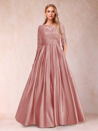 Robe de Mère de la Mariée Coupe A-Line/Princess Longueur Au Sol Manches 3/4 Décolleté En V