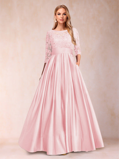 Robe de Mère de la Mariée Coupe A-Line/Princess Longueur Au Sol Manches 3/4 Décolleté En V