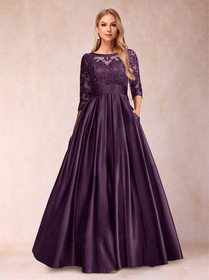 Robe de Mère de la Mariée Coupe A-Line/Princess Longueur Au Sol Manches 3/4 Décolleté En V