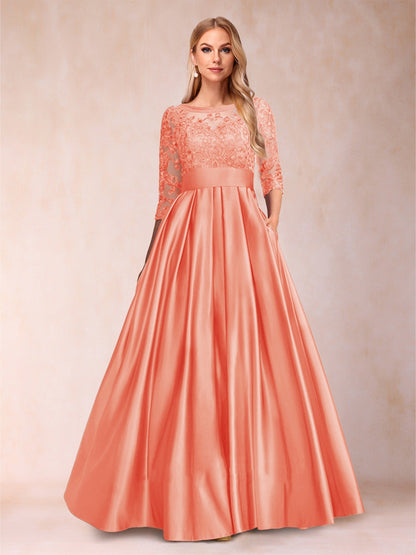 Robe de Mère de la Mariée Coupe A-Line/Princess Longueur Au Sol Manches 3/4 Décolleté En V