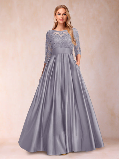 Robe de Mère de la Mariée Coupe A-Line/Princess Longueur Au Sol Manches 3/4 Décolleté En V