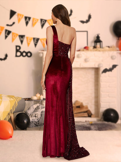 Robe d'Halloween Fourreau/Colonne En Velours à Une Épaule et Longueur Au Sol avec Paillettes et Côté Fendu