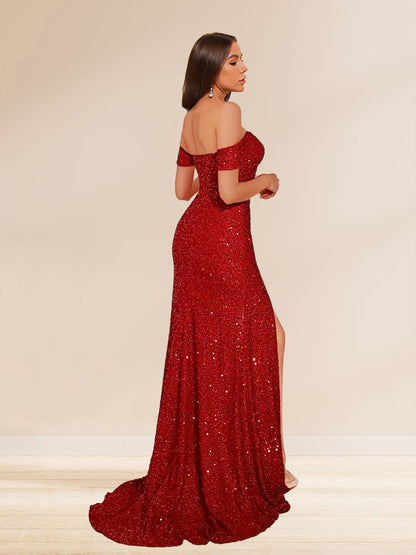 Robe de Soirée Longue Trompette/Sirène à Épaules Dénudées avec Paillettes et Fente Sur Le Côté