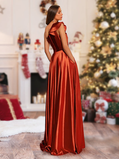 Robe de Noël Trapèze/Princesse Asymétrique Sans Manches Longueur Au Sol Froncée avec Fente Latérale