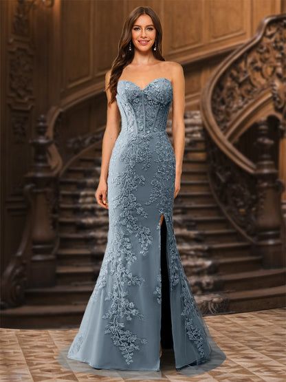 Robe de Soirée Longue En Tulle Plissé à Décolleté En Cœur Style Trompette/Sirène avec Fente Latérale et Appliques