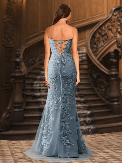 Robe de Soirée Longue En Tulle Plissé à Décolleté En Cœur Style Trompette/Sirène avec Fente Latérale et Appliques