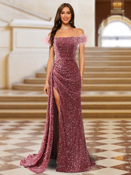 Robe de Soirée Longue à Paillettes Scintillantes Style Sirène Ou Trompette Sans Bretelles avec Fente Sur Le Côté et Plumes