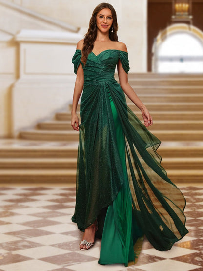 Robe de Soirée Asymétrique Trompette/Sirène à Épaules Dénudées avec Fente Sur Le Côté