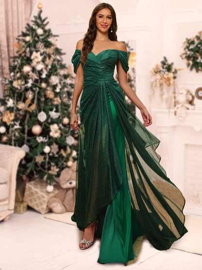 Robe de Noël Asymétrique à Épaules Dénudées et à Coupe Sirène avec Fente Sur Le Côté