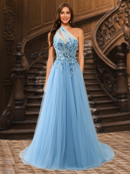 Robe de Soirée Trapèze/Princesse Asymétrique Sans Manches En Tulle avec Appliques