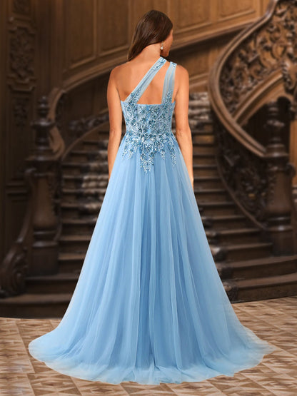 Robe de Soirée Trapèze/Princesse Asymétrique Sans Manches En Tulle avec Appliques