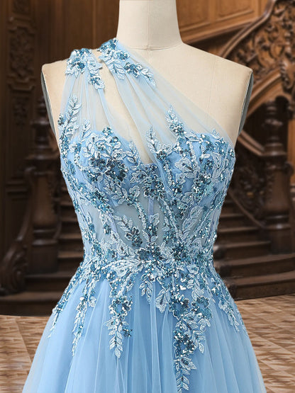 Robe de Soirée Trapèze/Princesse Asymétrique Sans Manches En Tulle avec Appliques