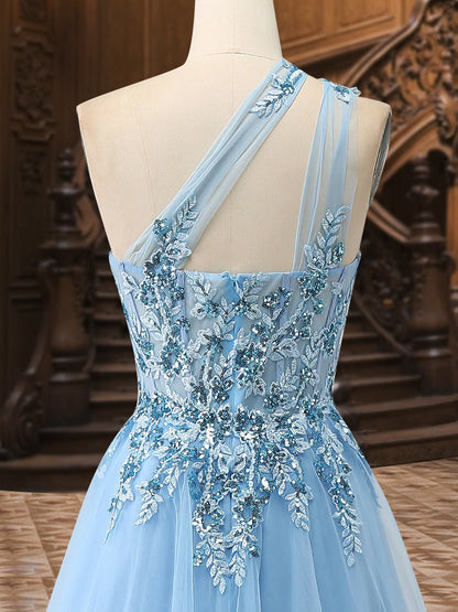 Robe de Soirée Trapèze/Princesse Asymétrique Sans Manches En Tulle avec Appliques