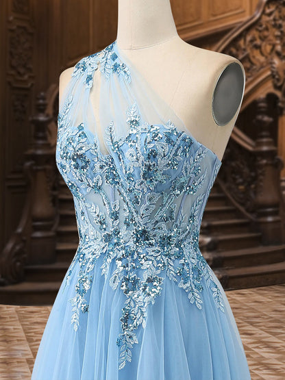 Robe de Soirée Trapèze/Princesse Asymétrique Sans Manches En Tulle avec Appliques