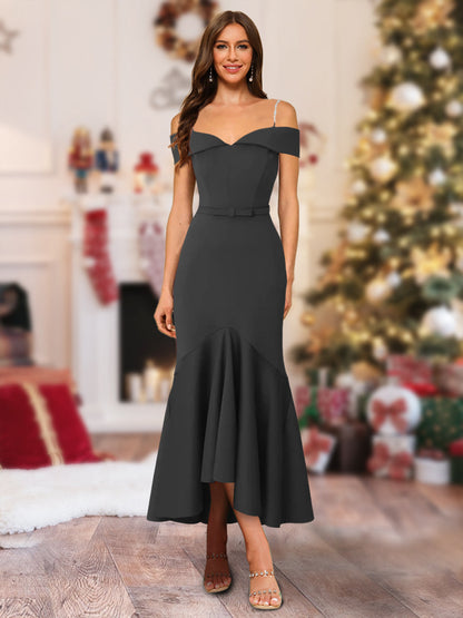 Robe de Noël Asymétrique à Épaules Dénudées Style Trompette/Sirène avec Ceinture et Volants