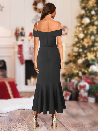 Robe de Noël Asymétrique à Épaules Dénudées Style Trompette/Sirène avec Ceinture et Volants