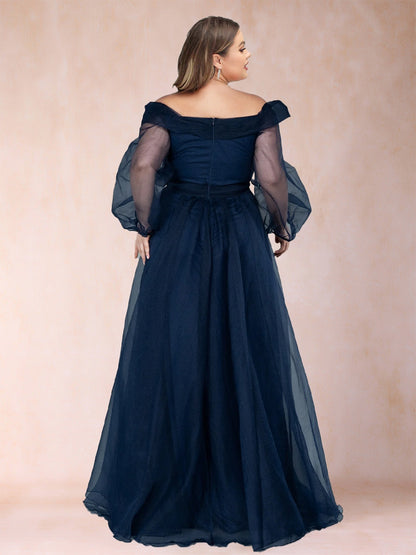 Robe de Mère de la Mariée Grande Taille à Manches Longues et Épaules Dénudées Coupe A-Line/Princess avec Fente Sur Le Côté