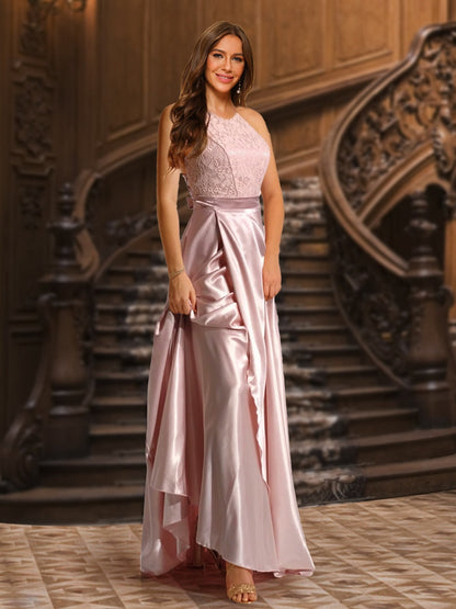 Robe de Soirée En Satin à Col Licou et En Dentelle avec Ceinture