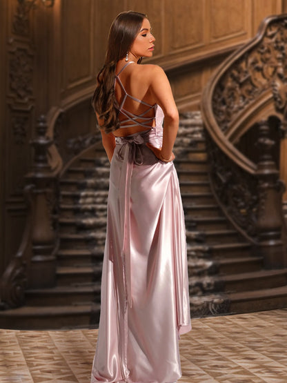 Robe de Soirée En Satin à Col Licou et En Dentelle avec Ceinture