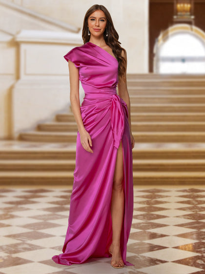 Robe de Soirée Fourreau/Colonne Asymétrique En Satin de Soie Froncé avec Côté Fendu