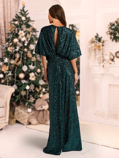 Robe de Noël à Paillettes à Manches Courtes et Décolleté Plongeant de Forme A/Princesse avec Fente Sur Le Côté