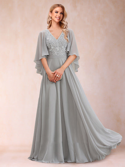 Robe de Mère de la Mariée Coupe A-Line/Princess à Demi-Manches et Col En V avec Appliques