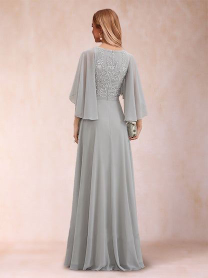 Robe de Mère de la Mariée Coupe A-Line/Princess à Demi-Manches et Col En V avec Appliques