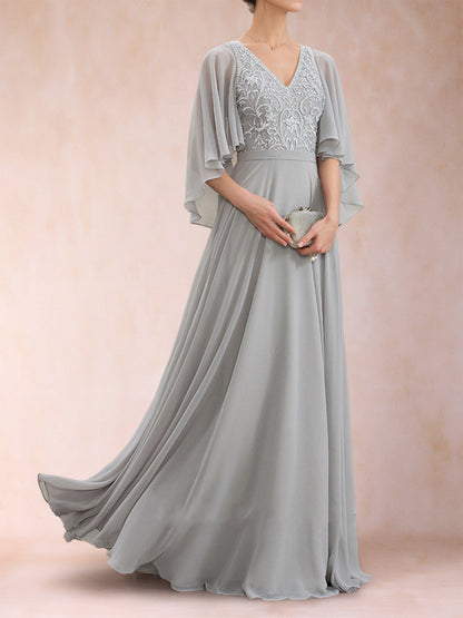 Robe de Mère de la Mariée Coupe A-Line/Princess à Demi-Manches et Col En V avec Appliques