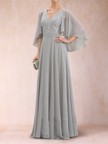 Robe de Mère de la Mariée Coupe A-Line/Princess à Demi-Manches et Col En V avec Appliques