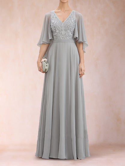 Robe de Mère de la Mariée Coupe A-Line/Princess à Demi-Manches et Col En V avec Appliques