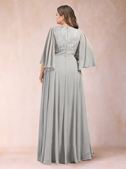 Robe de Mère de la Mariée Grande Taille à Col En V et Manches Mi-Longues Coupe A-Line/Princess avec Appliques