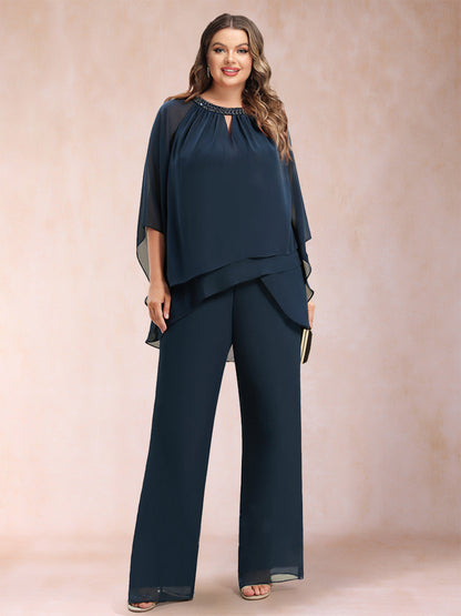 Ensemble Deux PiècesEn Mousseline de Soie à Manches 3/4 et Pantalon Grande Taille avec Strass et Creux