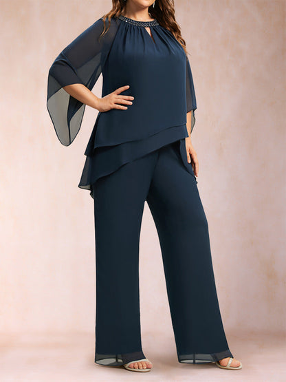 Ensemble Deux PiècesEn Mousseline de Soie à Manches 3/4 et Pantalon Grande Taille avec Strass et Creux