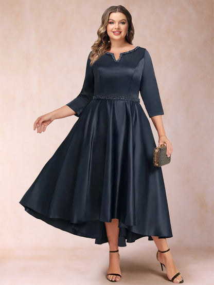 Robe de Soirée Grande Taille Coupe A-Line/Princesse Col En V Manches 3/4 avec Perles