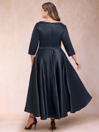 Robe de Soirée Grande Taille Coupe A-Line/Princesse Col En V Manches 3/4 avec Perles