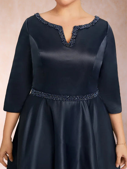 Robe de Soirée Grande Taille Coupe A-Line/Princesse Col En V Manches 3/4 avec Perles