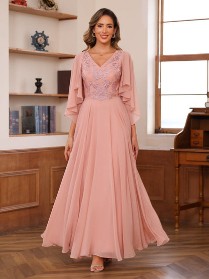 Robe de Mère de la Mariée En Mousseline de Soie à Col En V et à Appliques Coupe A-Line/Princess avec Veste