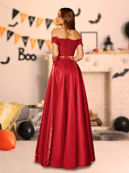 Robe Longue d'Halloween En Deux Pièces à Épaules Dénudées et à Appliques Coupe A-Line/Princess