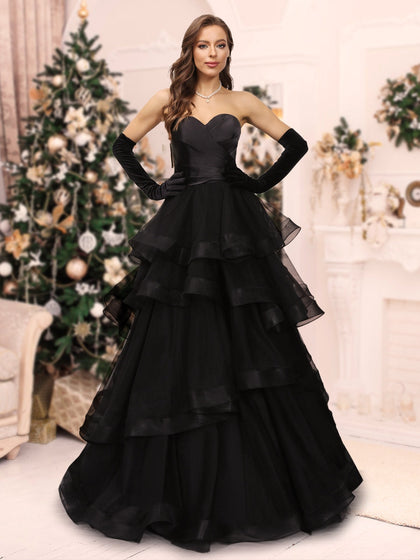 Robe de Noël Longue En Tulle à Volants Coupe A-Line/Princess Décolleté En Cœur