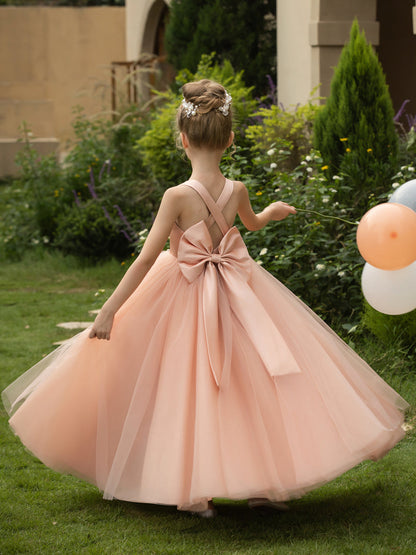 Robe Col en V sans Manches en Tulle pour Petite Fille d'Honneur avec Nœud en Satin