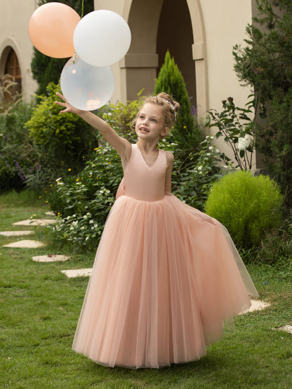 Robe Col en V sans Manches en Tulle pour Petite Fille d'Honneur avec Nœud en Satin