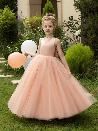 Robe Col en V sans Manches en Tulle pour Petite Fille d'Honneur avec Nœud en Satin